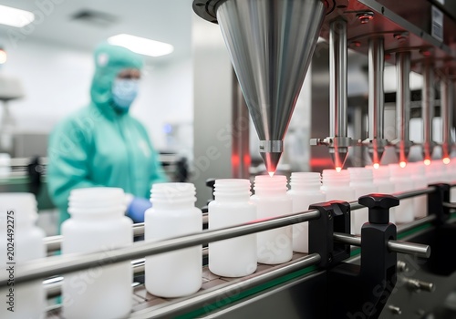 Industrial machinery filling white medicine bottles in a sterile lab with professional clinical mood.
