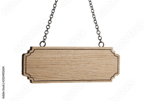 Wooden Hanging Signboard with Chains on White Background