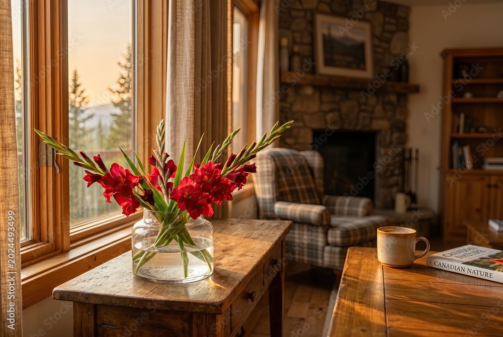Fototapeta premium Generated AI set photos Cozy cabin living room with red flowers by the window at sunset warm and inviting