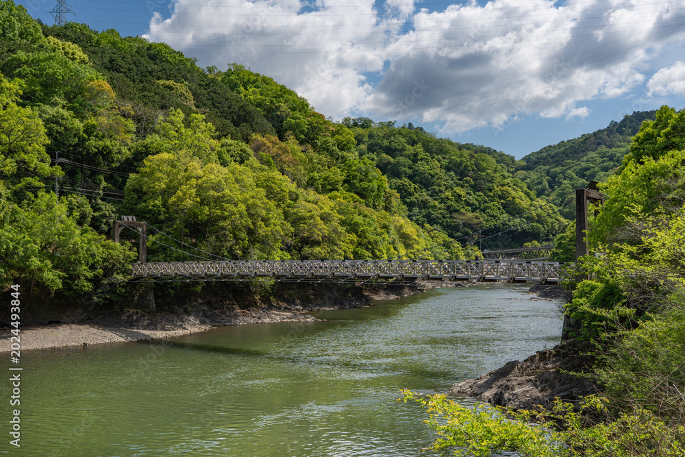 Fototapeta premium Scenic suspension bridge and river landscape in Uji Kyoto
