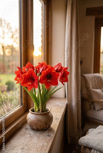 Generated AI set photos Red amaryllis flower in a pot on the windowsill at sunset home interior background