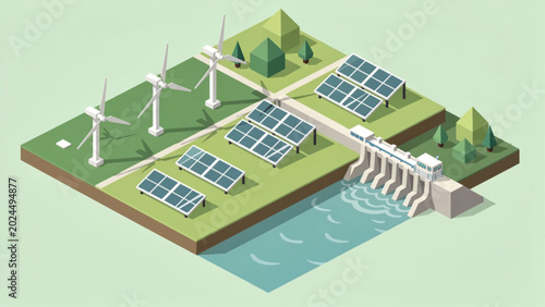 Photos Isometric renewable energy farm with solar panels, wind turbines, and dam