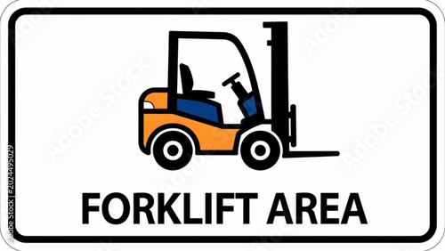 Slika na platnu Orange and blue forklift in a designated forklift area, industrial warning sign