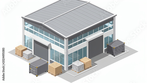 Isometric warehouse building with cargo containers and pallets for logistics and storage