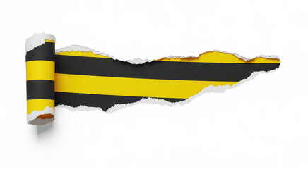 Torn paper strip revealing yellow and black horizontal stripes on a plain white background