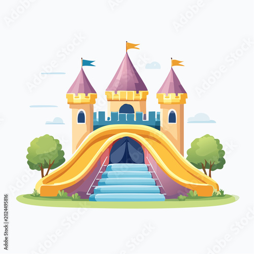 Colorful cartoon castle with yellow slide and purple towers