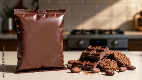 Chocolate chunks and a brown pouch of chocolate spread on a surface
