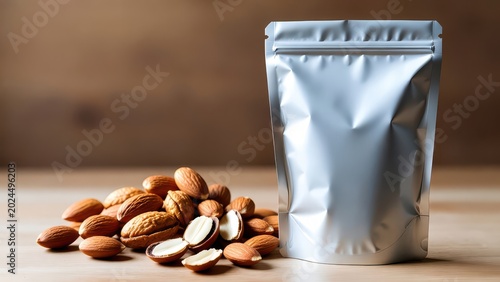 Fresh almonds displayed beside their resealable packaging bag on a wooden surface