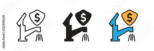 Commercial Water or Paid Water Utility Icon Set. Water faucet icon with running water and dollar shield, representing water bills or utility costs.