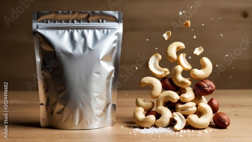 Spilled cashews and dried fruits next to a foil packet of mixed nuts on a wooden surface