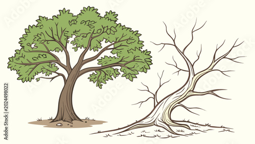 Schilderij op canvas Detailed hand drawn tree comparison showing vitality versus dehydration