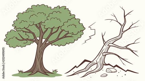 Tableau sur toile Healthy green tree on lush grass stands next to a broken, uprooted dead tree representing destruction