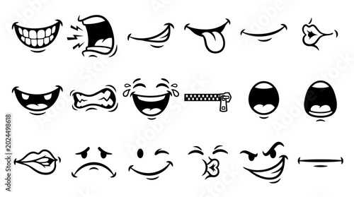 Various cartoon mouth expressions and lip shapes on white background including smiles screams and laughs, Represents character design elements symbolizing emotional facial features for animation