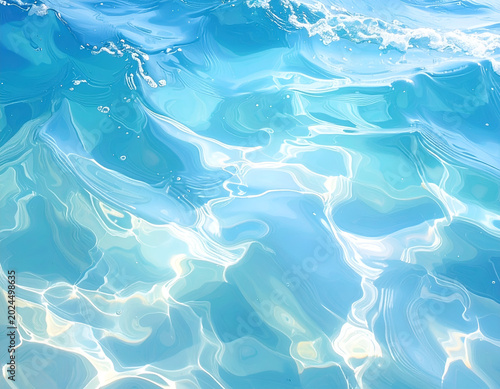 Close-up of Crystal Clear Blue Ocean Water with Sunlight Reflections.