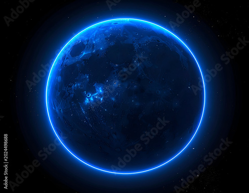Glowing Blue Planet Earth With Neon Aura In Deep Space.