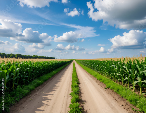 A dirt road stretches into the distance through lush green cornfields under a bright blue sky with fluffy white clouds.