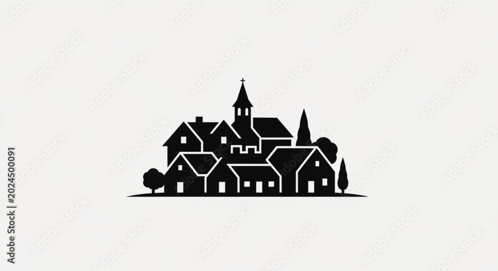 Obraz premium Dense Black Village Cluster Silhouette with Church Steeple and Trees Vector