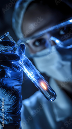 A scientist holding a test tube with glowing liquid in a high-tech dark lab, Generative AI illustrations.
