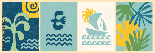 Set of sea, summer postage stamps. Hand drawn, paper cut, collage style. Sea, sun, bird, palm trees, waves. Design for card, sticker, cover, poster. Vacation, paradise, travel concept. Summer vibes.