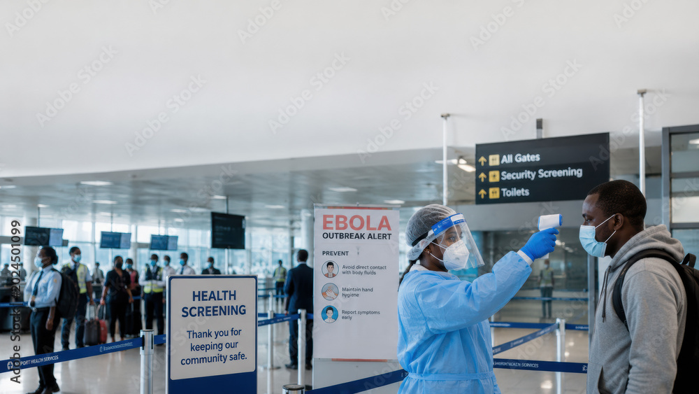 Fototapeta premium Ebola virus, global health security. public health workers conducting screening procedures at airport or checkpoint