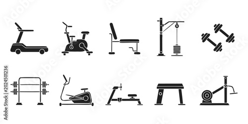 Modern Gym Equipment Icon Set Vector, Fitness Machine Line Art Collection, Minimal Workout Equipment Illustration Pack, Gym Tools Outline Vector Bundle.