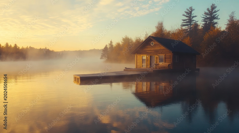 Fototapeta premium Sunrise over tranquil lake with wooden cabin and dock.