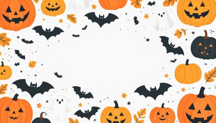 Festive halloween border featuring orange carved pumpkins spooky ghosts and black bats on a white background