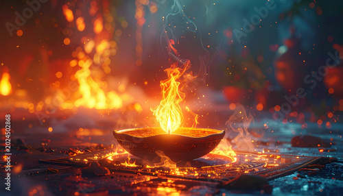 Fire lamp, fire bowl, flame, smoke, glowing ember, warm light
