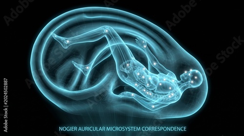 Striking conceptual render of ear with meridian energy lines and glowing acupoints