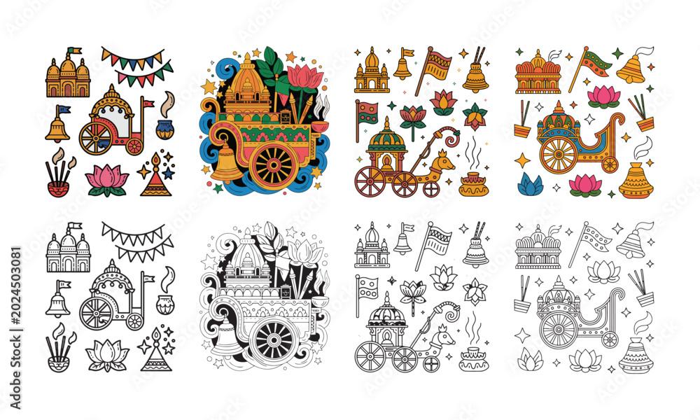Fototapeta premium india rath yatra temple chariot doodle sticker icon set colorful vector 