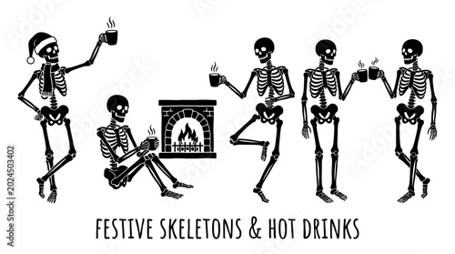 фотографія Group of skeletons with hot drinks.