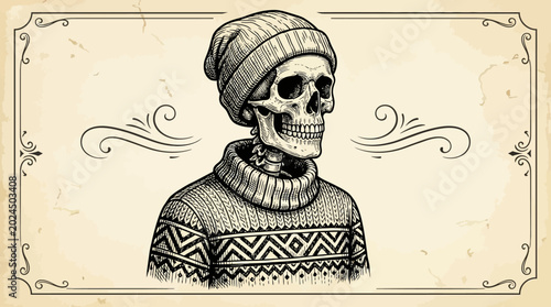 Photos Skeleton wearing knit hat and sweater.