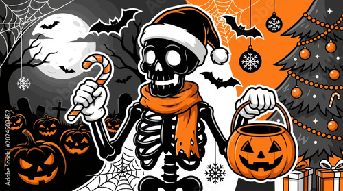 Bild auf Leinwand Skeleton wearing Santa hat and scarf.
