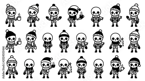 Photos skulls wearing winter clothing hats.