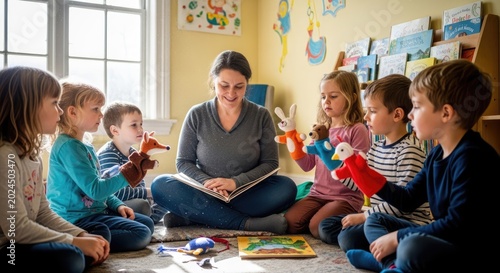 Teacher using hand puppets to tell stories to children.