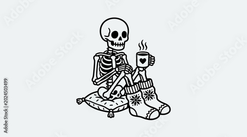Foto Skeleton sitting with coffee mug.