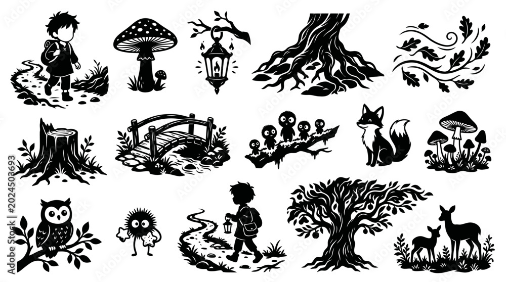 Fototapeta premium Black and White Forest Scene Icons: Kids, Animals, Nature, Mushrooms, Lantern
