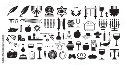 Bild auf Leinwand Hebrew religious items and holiday icons collection with menorah torah scrolls and traditional symbols