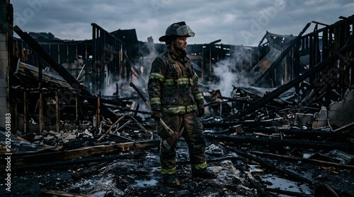 Firefighter pauses in the center of a desolate, burnt-out structure while holding a tool amidst the blackened wreckage.