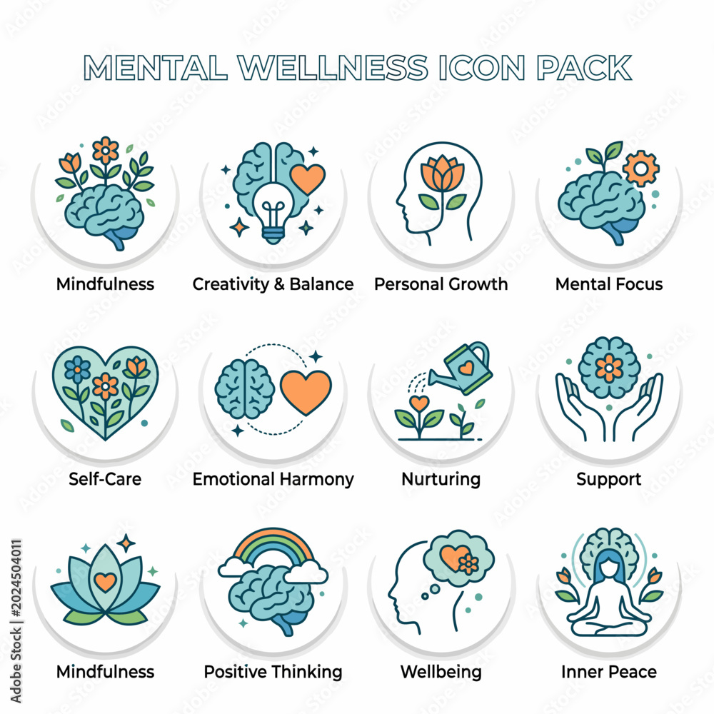 Fototapeta premium Mental Wellness and Self-Care Icon Pack Mindfulness, Harmony, and Inner Peace
