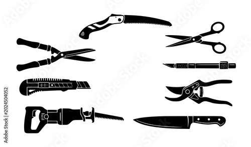 Tableau sur toile Minimal cutting tools silhouette vector set with saw knife scissors and secateur