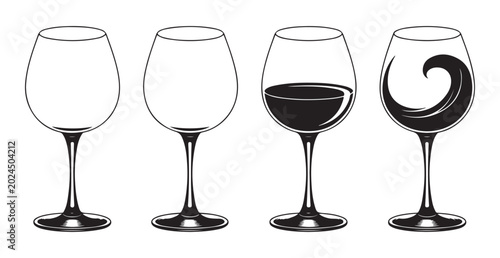 Foto Four wine glasses showing empty partial full and splashing liquid stages on white background