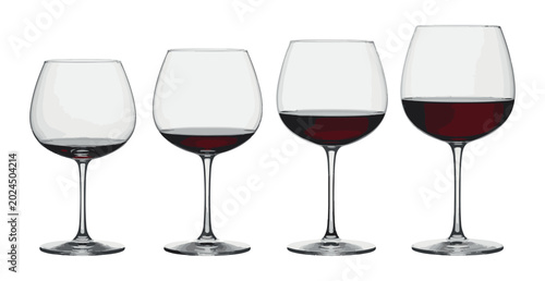 Bild auf Leinwand Four wine glasses filled with red wine at different levels from low to high on white background