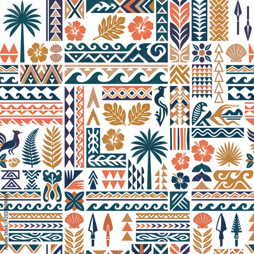 Vibrant seamless pattern featuring diverse Polynesian and Hawaiian inspired motifs, showcasing tropical flora, fauna, and traditional tribal designs, ideal for textiles and decorative projects