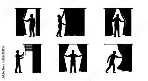Foto Silhouette Figures Opening and Closing Curtains, Window Blinds, Stage Drapery, I