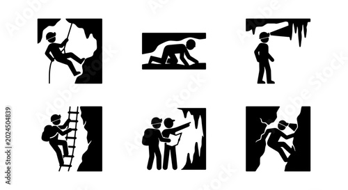 Obraz na plátně Cave Exploration Icons, Caving Adventure Silhouettes, Spelunking Activity Graphi