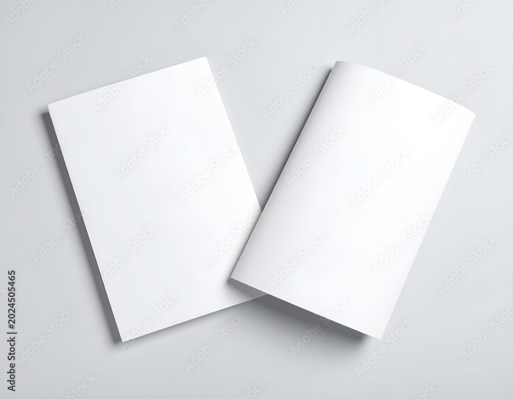 Fototapeta premium Two blank white brochures or magazines on a light gray background.