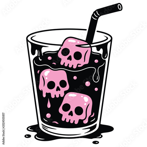 Illustration of a glass filled with black liquid and pink skullshaped ice cubes with a straw
