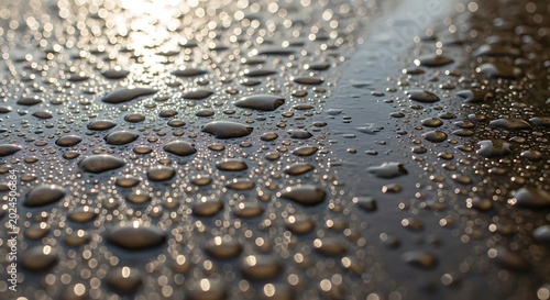 Water droplets on wet pavement surface.