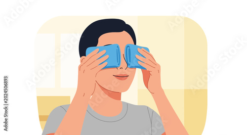 Man Applying Cold Compress On Eyes, Relieving Tiredness or Puffiness, Eye Care Concept